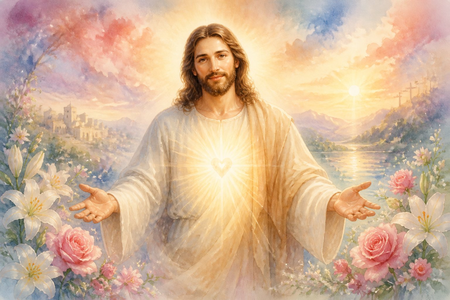 A gentle figure of Jesus Christ with open arms surrounded by soft light and flowers in a peaceful landscape.