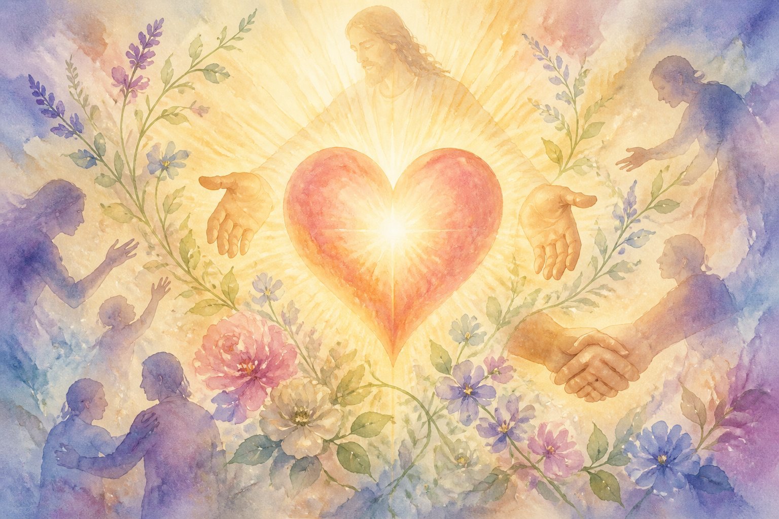 A glowing heart surrounded by delicate flowers, vines, and gentle light rays, with abstract hands reaching out, symbolizing love and compassion.