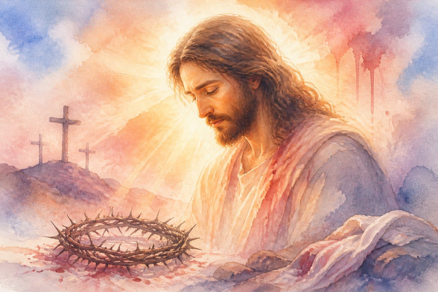 A peaceful scene showing Jesus Christ surrounded by soft light, with a crown of thorns and a cross faintly visible in the background, evoking themes of love and sacrifice.
